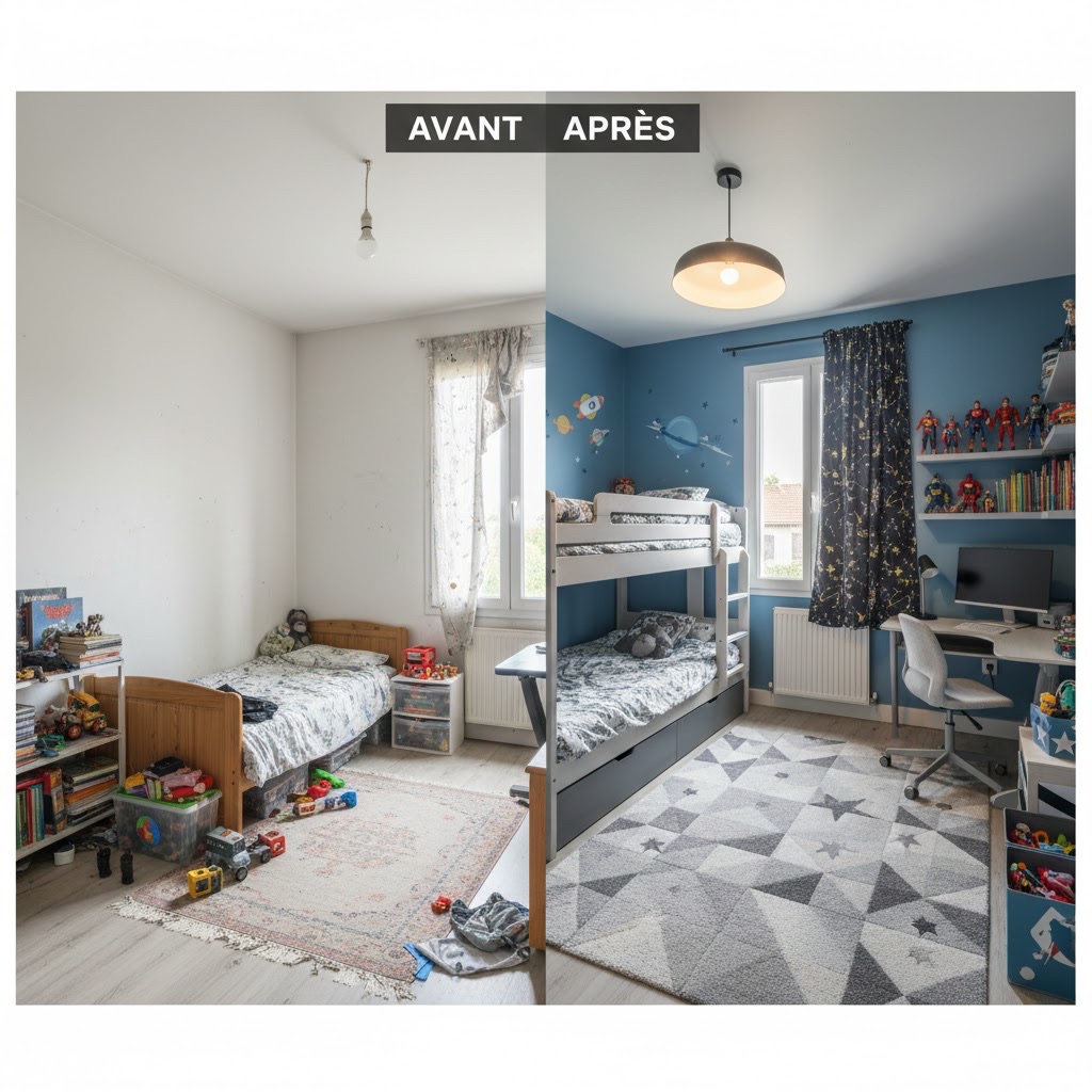 Montage avant et après d’une chambre, publié sur le site de 2JD Rénov